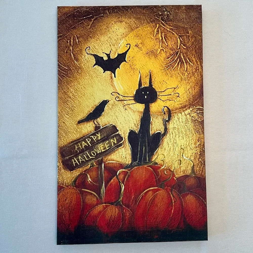 Happy Halloween New Canvas Hanging Wall Picture Art Old Word Spooky Cat Bat Crow